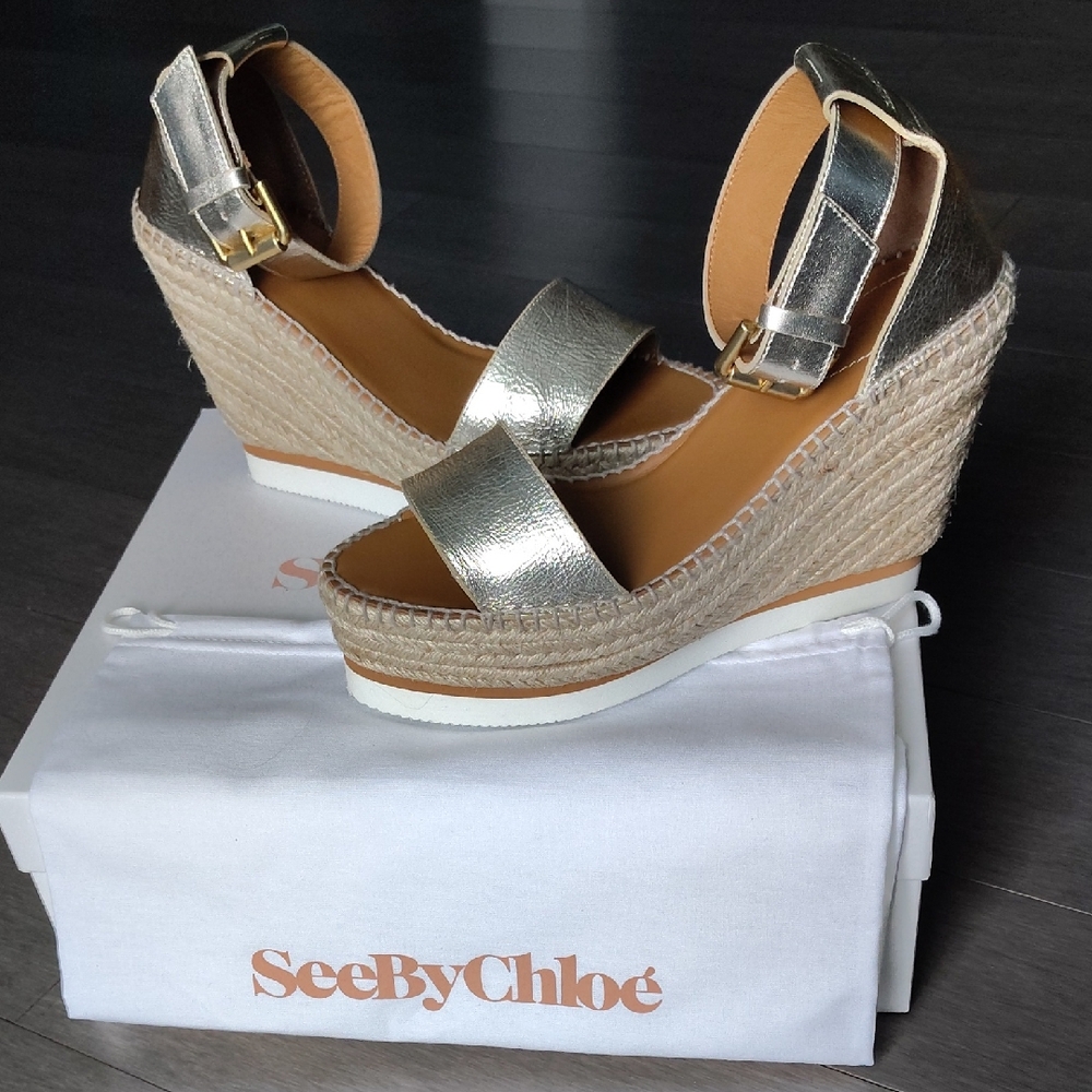 See By Chloe Gold Glyn Espadtille Wedge Sandals